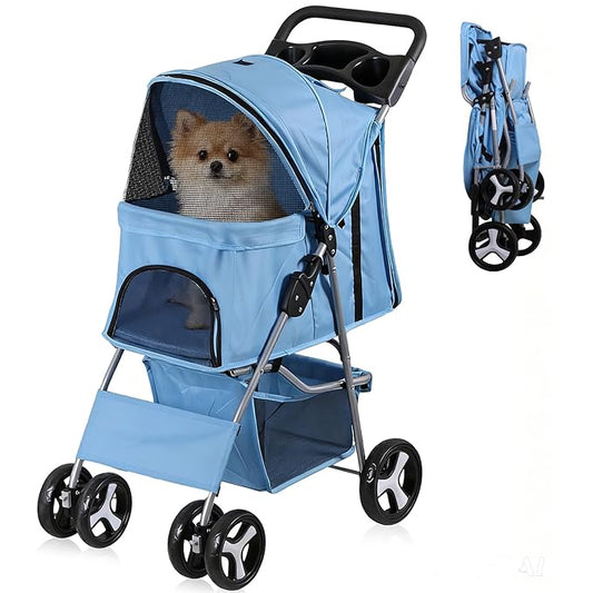 4 Wheels Dog Stroller Folding Pet Strolling Cart for Small Medium Cats Puppies Portable Jogger Travel Camping Puppy Carrier with Storage Basket Cup Holder, Blue