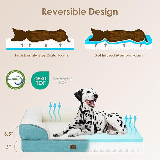 EHEYCIGA Orthopedic Dog Beds for Large Dogs, Waterproof Memory Foam Large Dog Bed with Sides, Non-Slip Bottom and Egg-Crate Foam Pet Couch Bed with Washable Removable Cover, Turquoise Blue