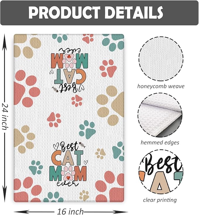 Best Cat Mom Ever Kitchen Towels, Cat Mom Lady Lover Gifts for Women, Cute Kitty Kitten Paw Decorative Dish Tea Hand Towels for Kitchen Bathroom, 16x24 Inches(Style C)