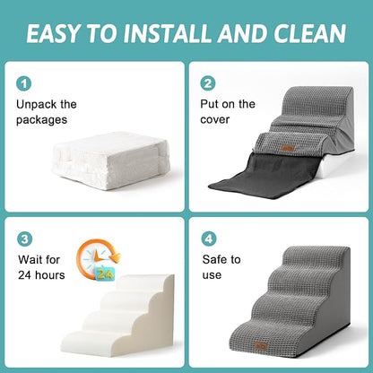 Dog Stairs for Small Dogs 19.7" H, Curved Dog Step for Puppy, Older or Cat, Medium Pet Ramp for Sofa, Couch or Bed, Ladder with High Density Foam, 4 Step, 15.7x28.3x19.7 inch, Dark Grey