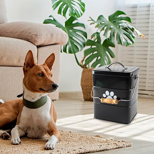 Small Dog Poop Trash Can Outside,1.5Gal/6L Metal Dog Waste Trash Can with Lid/Filter/Handle,Pet Waste Container Bucket with 75 Trash Bags-Black