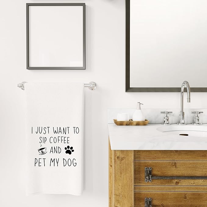 Funny Coffee Kitchen Towels 16x24 - Dog Kitchen Towels, Coffee Kitchen Decor, Coffee Towels Gifts for Coffee Bar, Funny Kitchen Decor, Dog Lovers Gifts, I Just Want to Sip Coffee and Pet My Dog