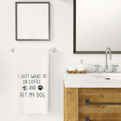 Funny Coffee Kitchen Towels 16x24 - Dog Kitchen Towels, Coffee Kitchen Decor, Coffee Towels Gifts for Coffee Bar, Funny Kitchen Decor, Dog Lovers Gifts, I Just Want to Sip Coffee and Pet My Dog
