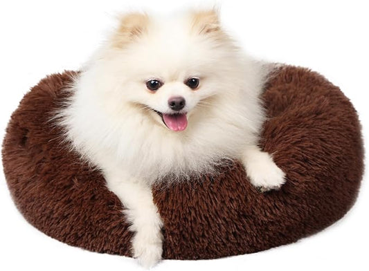 Calming Donut Dogs Beds for Small Dogs Washable,19inch Fluffy Round Puppy Bed for Puppies,Cats & Toy Breeds with Raised Rim,Fits up to 15 lbs Pets,Chocolate Brown