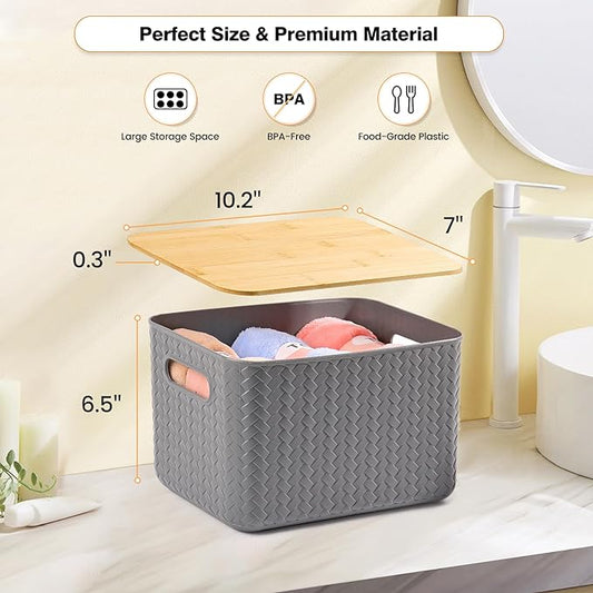 4 Packs Storage Bins with Bamboo Lids - Plastic Storage Containers with Lids Stackable Storage Box：Storage Baskets for Organizing Desktop Closet Playroom Classroom Office,Gray
