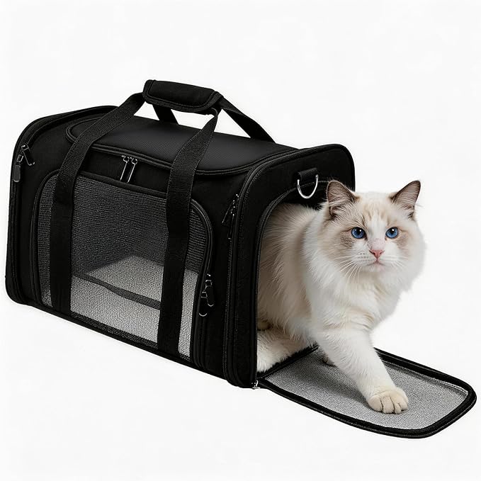 Cat Carrier Soft, Dog Carriers for Small Dogs/Large Cats (Up to 16lbs), with High Breathability, Shoulder Strap, Removable Pad, Pet Carrier Airline Approved, for Home Outdoor Travel (Black)