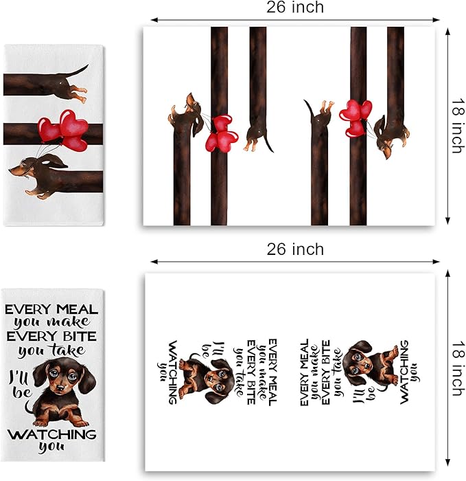 Dachshund Dog Kitchen Dish Towels Set of 2, Love Hearts Balloons Drying Hand Towel Baking Cooking Cloth, Home Decoration Pet Lover Gifts 18 x 26 Inches