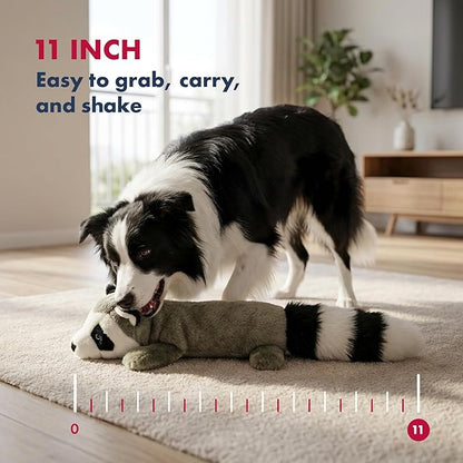 Pet Lou 11 Inch Raccoon Dog Chew Toy, No-Stuffing Plush Dog Toy with Full-Body Squeaker, Durable Interactive Squeaky Toy for Anti-Boredom Play