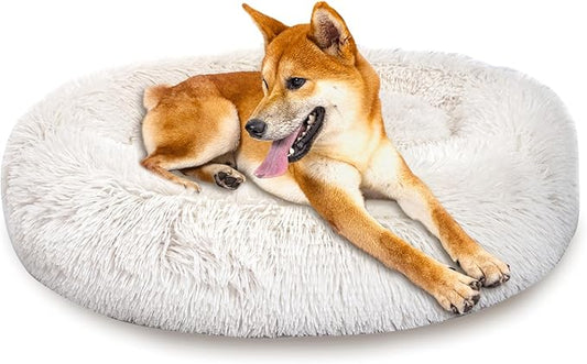 Calming Dog Bed for Medium Dogs Cats, Puppy 31'' Round Anti-Anxiety Warm Fluffy Plush Faux Fur Bed, Soft Anti-Slip Donut Washable, Cozy Medium Puppy Bed, Fits up to 50 lbs Pets