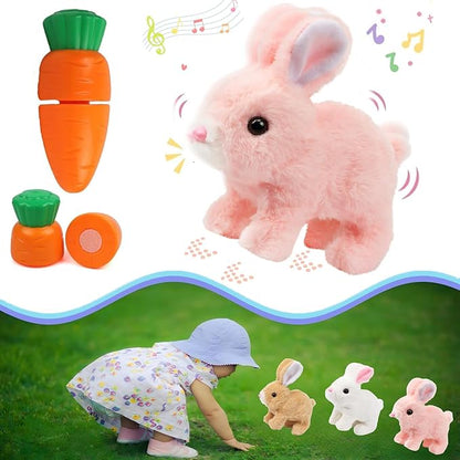 Bunny Stuffed Animal Plush, Interactive Electronic Pet Hopping Bunny Toy, Realistic Stuffed Easter Bunny Rabbit with Sounds and Movements Animated Walking Wiggle Ears Twitch Nose (Pink)