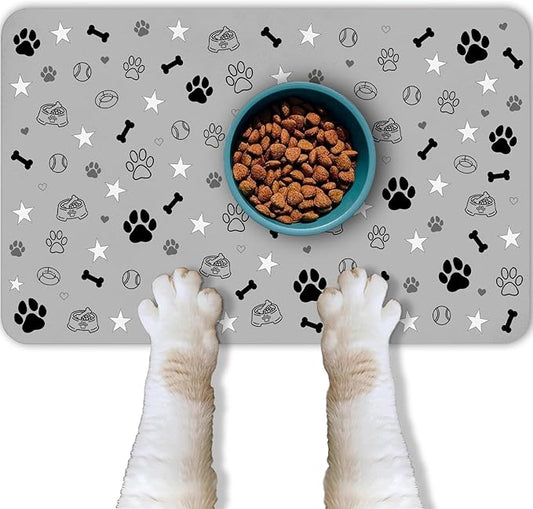 Dog Food Mat for Pet Cat Food Mat, Gray Absorbent Quick Dry Dog Bowl Mats for Food and Water, Non-Slip Cat Pet Feeding Mats for Floor Placemats 12"x20"