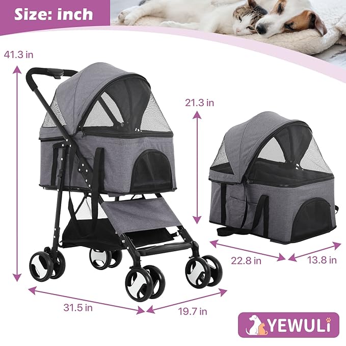 Pet Strollers, Dog Cat Stroller 3-in-1 Detachable Doggy Stroller for Small Medium Dogs 4 Wheel Dog Travel Cart Cat Walker Foldable Wagons for Dogs Trolley for Doggie Rabbit Puppy Strollers, Grey