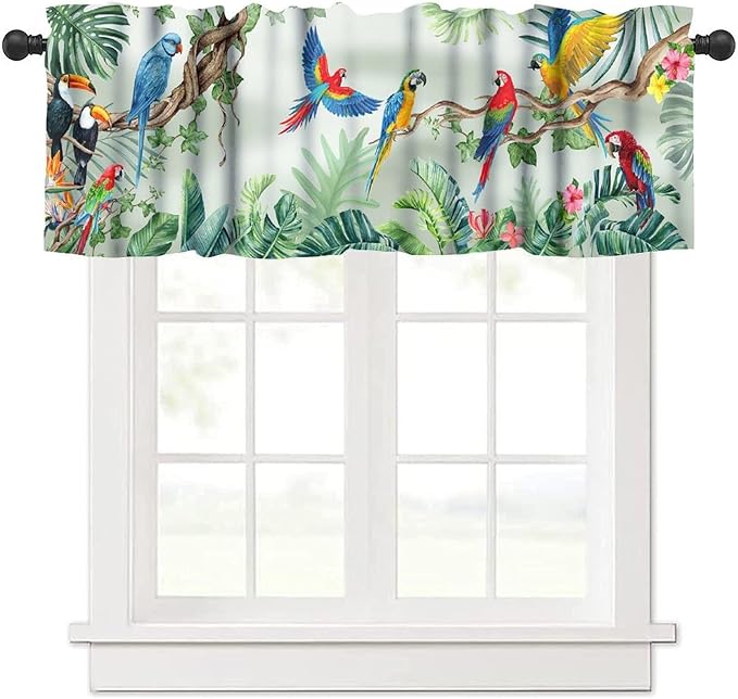Tropical Birds Window Valance Curtains, Asian Oriental Bird Parrot Leaves Watercolor Boho Floral Plant Nature Spring Summer Valance Curtain for Farmhouse Bedroom Living Room Kitchen 54x18inch