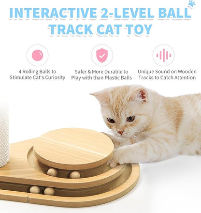 Made4Pets Cat Scratching Post Cat Scratcher Kitten Toys for Indoor Cats Wooden Ball Track Two-Layer Modern Sisal 32" Tall Scratch Post Interactive Toy with Dangling Ball Large Size