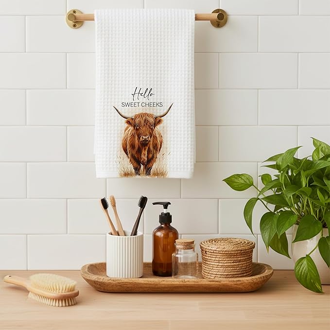 Highland Cow Farmhouse Hand Towels for Bathroom Kitchen Decor | Waffle Weave Microfiber Dish Towel Set | Hello Sweet Cheeks Farmhouse Cow Decorative - A01