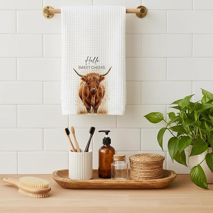 Highland Cow Farmhouse Hand Towels for Bathroom Kitchen Decor | Waffle Weave Microfiber Dish Towel Set | Hello Sweet Cheeks Farmhouse Cow Decorative - A01