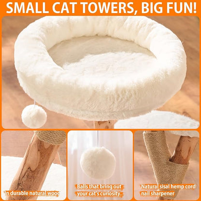 Modern Cat Tree Tower for Indoor Cats, 2-Tier Cat Furniture with Natural Wood Posts, Soft Plush Bed, Scratching Post & Hanging Ball Toy, Stylish Cat Climbing Tower