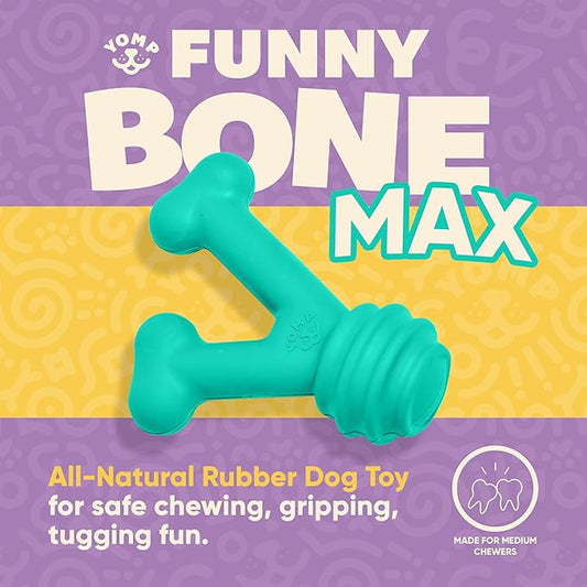 Yomp FunnyBone MAX: All-Natural Rubber Dog Toy, Nontoxic, Safe for Pet Play, Teal Colored, Dishwasher Safe, Freezer Safe for Teething Relief, Fun Dog Bone Toy