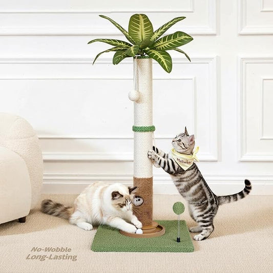 Tall Cat Scratching Post Vertical Pole for Indoor, 35" Palm Tree Sisal Scratch Post for Large Cats & Kittens, Heavy Duty Wooden Carpet Pole with Ball Track Leaves, Furniture Protection