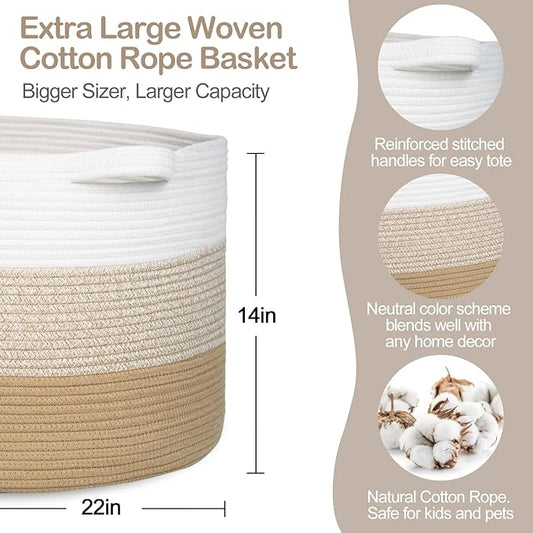 Extra Large Storage Basket, 22” X 22” X 14” Blanket Basket Living Room, Kids Toy Box Organizer, Woven Cotton Rope Baskets for Storage, Soft Dog Toy Bin, Wicker Pillow Blanket Holder