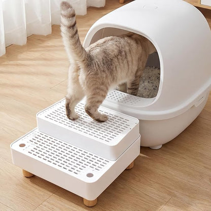 Adjustable 2 Steps Litter Box Ramp, Cat Litter Catcher Mat with Wooden Feet, Filter Function, Litter Box Step for Small & Elderly Cats, Fits Automatic Litter Boxes (White)
