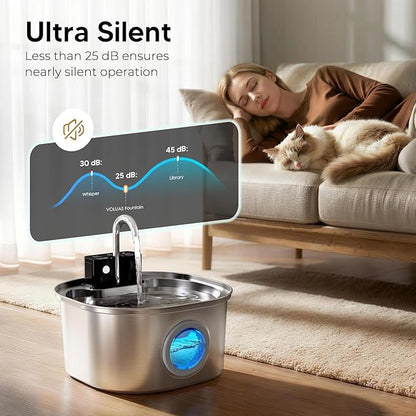 Voluas Stainless Steel Cat Water Fountain: 108oz/3.2L Wireless Cat Fountain Battery Operated for Drinking Indoor, Automatic Pet Water Dispenser Bowl with Ultra Quiet Pump, Easy Clean BPA-Free, 2Filter