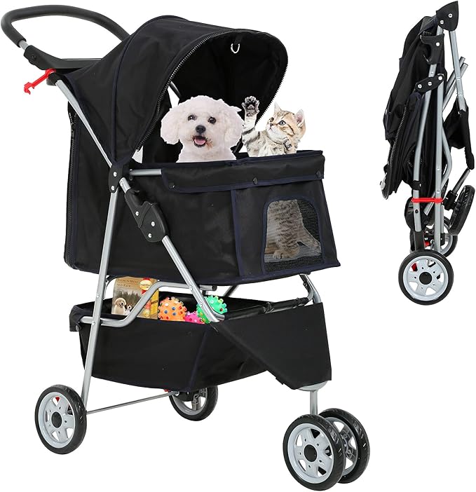 Best 3 Wheels Pet Stroller for Dog Stroller Cat Stroller, Lightweight and Foldable Pet Jogger Stroller, Carrier Strolling Cart W/Cup Holders Removable Liner for Small and Medium Dog Cat or Pet - Black