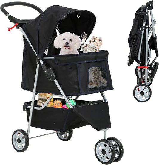 Best 3 Wheels Pet Stroller for Dog Stroller Cat Stroller, Lightweight and Foldable Pet Jogger Stroller, Carrier Strolling Cart W/Cup Holders Removable Liner for Small and Medium Dog Cat or Pet - Black