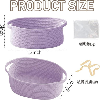 Woven Basket,Small Rope Storage Bin with Handles & Ribbon Bag, Organizer for Shelves Closets,Gift Basket Empty for Birthday,Books,Dog Toys, Purple/3 Pack