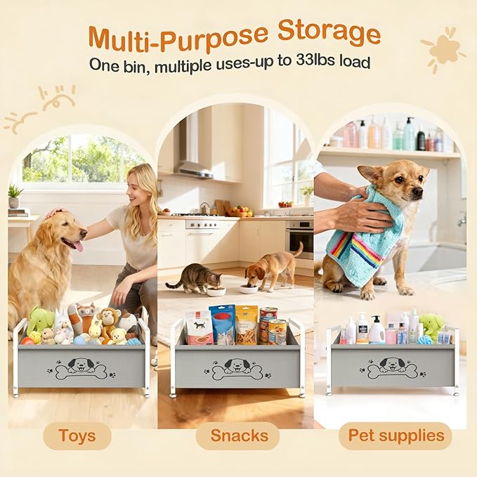 Dog Toy Basket for Storage, Metal Frame Oxford Fabric Pet Toy Organizer with Raised Legs, Large Capacity Dog Toy Bin with Front Low Opening, Washable and Durable Design