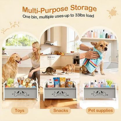 Dog Toy Basket for Storage, Metal Frame Oxford Fabric Pet Toy Organizer with Raised Legs, Large Capacity Dog Toy Bin with Front Low Opening, Washable and Durable Design