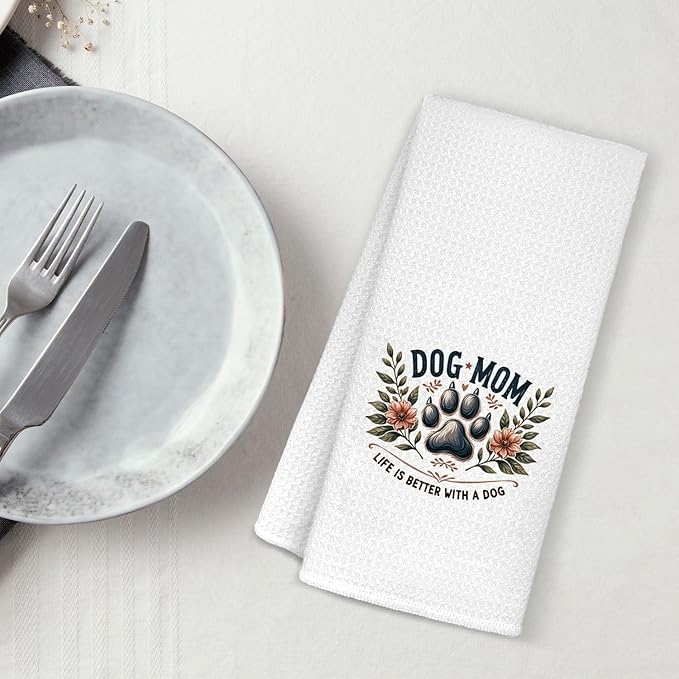 Dog Mom Bathroom Towels, Dog Mom Lovers Owner Gifts for Women Dish Tea Towels, Pet Lover Gifts, Floral Puppy Paws Decorative Hand Towels for Kitchen Bathroom Decor, 16x24 Inch