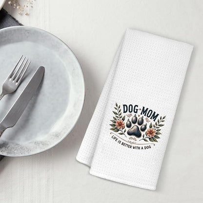 Dog Mom Bathroom Towels, Dog Mom Lovers Owner Gifts for Women Dish Tea Towels, Pet Lover Gifts, Floral Puppy Paws Decorative Hand Towels for Kitchen Bathroom Decor, 16x24 Inch