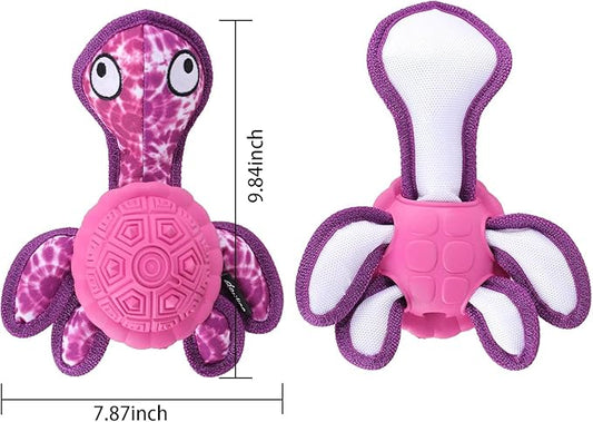 Squeaky Turtle Dog Toy, Treat Dispensing Rubber Ball, Bite Resistant Plush Chew Toy, Interactive Tug & Fetch Enrichment Toy for Medium & Small Breeds, Safe & Engaging for Puppies (Purple)