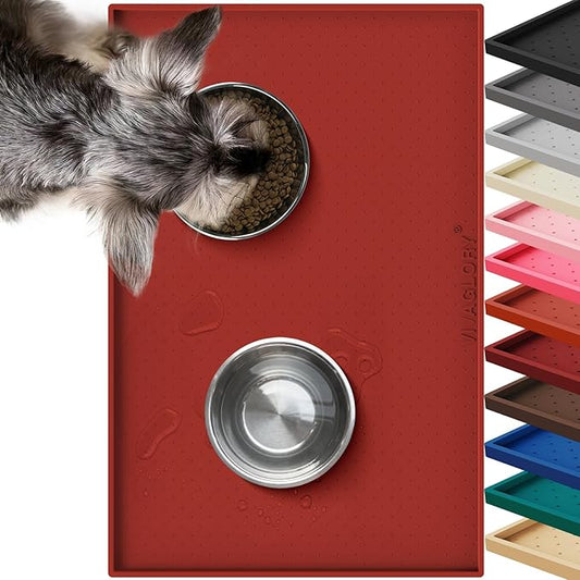 VIVAGLORY Dog Bowl Mat Grippymat Pet Food Mat, Waterproof Washable Nonslip Silicone for Pet & Cat, Food and Water Placemat with Lip & Raised Edges for Indoor Floor, S, Burgundy