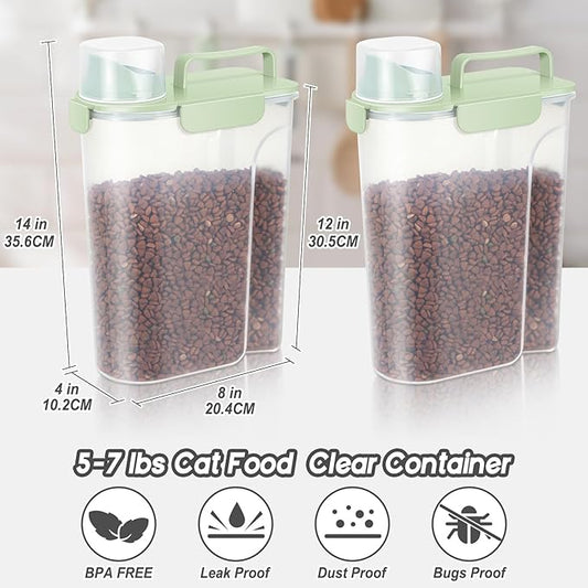5-7Lbs Dog Cat Food Storage Container with Upgraded Large Nozzle BPA-free, 4 Snap Seals Plastic Pet Food Storage Containers with Handles (light Green x 2, 5L-2pack)