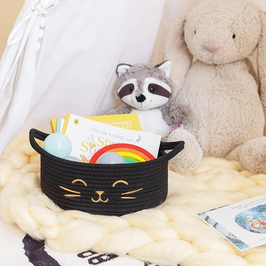 Small Storage Basket, Black Cute Pet Toy Storage for Cats, Dogs, Decorative Rope Bin for Organizing, Empty Gift Basket for Baby, Black, 9.8 x 4 inches