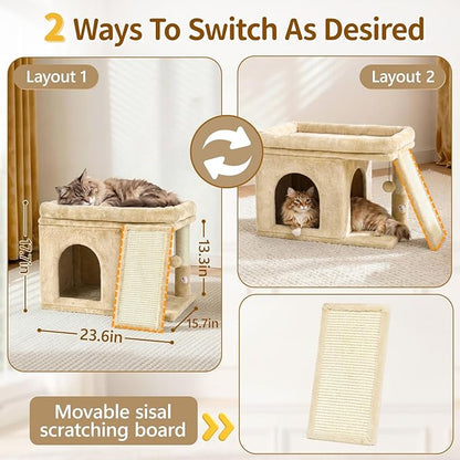 Cat Tree Tower Bed with Scratching Post for Indoor, Heavy Duty Small Stand House Condo for Large Cats & Kittens, Platform Perch Hideout Climb Rest Area, Modern Sturdy Furniture, Beige