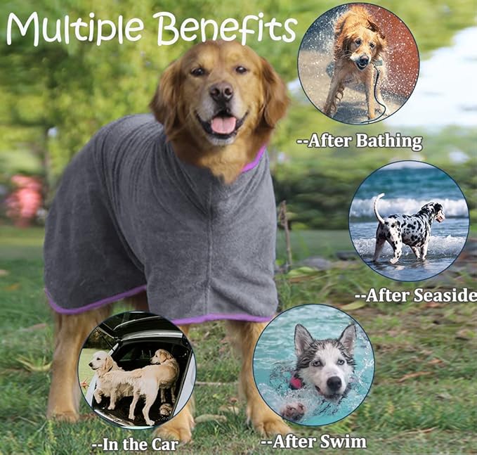Dog Drying Coat, Microfiber Dog Drying Bag - Absorbent Pet Bathrobe for Dogs & Cats, Adjustable Collar & Belly Strap, Fast Drying Coat, Large, Grey
