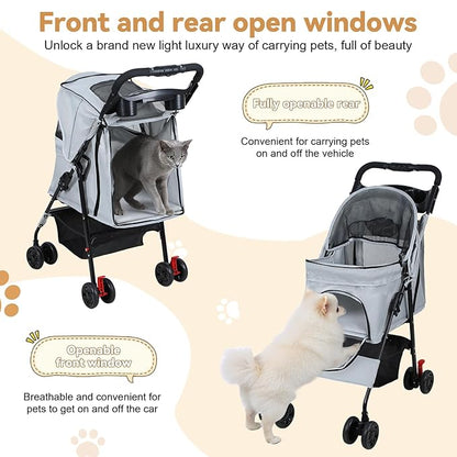 4 Wheels Pet Stroller for Medium Small Dog up to 50lbs, Dog Cat Stroller, Outdoor Travel Pet Folding Strollers with Cup Holder, Detachable Carrier, Breathable Visible Mesh (Grey Upgraded)