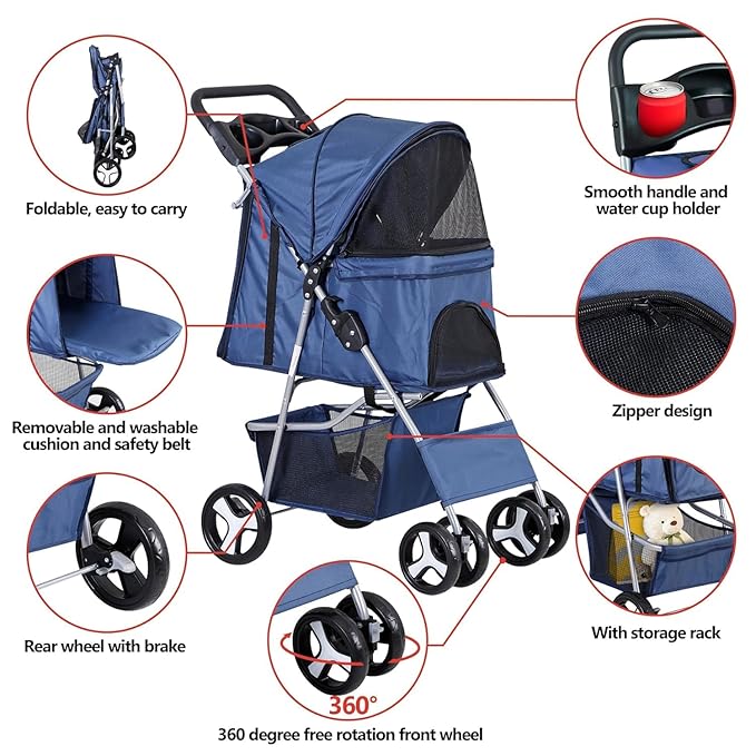 LEMY Pet Stroller,4 Wheels Dog Cat Stroller with Storage Basket&Cup Holder,Folding Dog Cat Cage Jogger Strollers for Small Medium Dogs Cats Travel,Navy Blue
