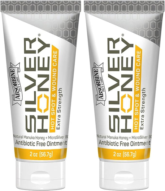Absorbine Silver Honey Hot Spot & Wound Care Ointment 2oz Tube, Manuka Honey & MicroSilver BG, Medicated for Dogs, Cats, Small Animals (Pack of 2)