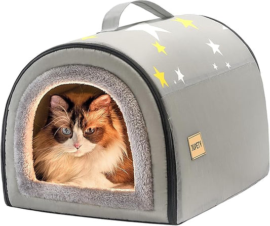 Jiupety Indoor Dog House, 2 in 1 Portable Foldable House Bed with Cover, Pet Tent & Cave Bed for Cats and Small Dogs, M(17"×14"×13"), Up to 9 Lb, Grey