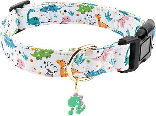 Faygarsle White Dinosaurs Print Cotton Dog Collar for Small, Medium, Large Boys Girls Dogs M