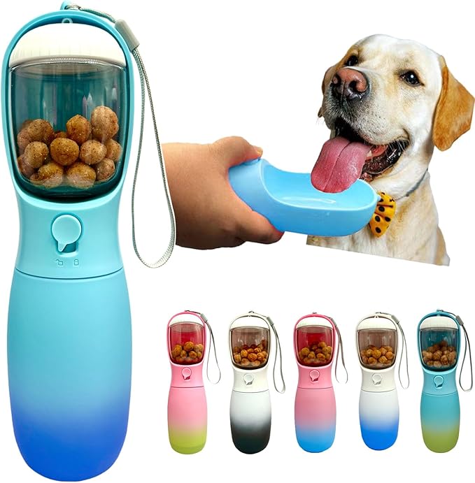 Dog Water Bottle,2 in 1 Portable Pet Water Bottle with Food Container,Lightweigh,Portable Water Dispenser,Outdoor for Cat,Puppy,Pets for Walking,Hiking,Travel (Blue, 10Oz)