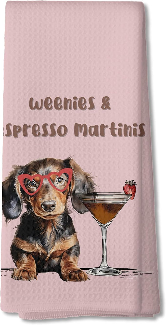 Weenies and Espresso Martini Kitchen Towels, Dachshund Lover Gifts Dish Tea Towels for Kitchen, Gifts Cocktail Lovers Hand Towels, Weiner Dog Gifts, 16x24 Inch