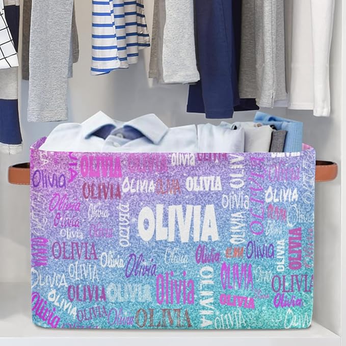 Custom Rectangle Storage Basket, Personalized Name Organizer Bin for Pet/Children Toys, Books, Clothes, Perfect for Rooms/Playroom, Light Blue Purple Glitters Bling
