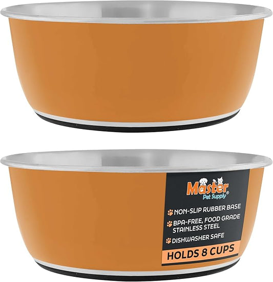 Master Pet Supply Stainless Steel Dog Bowls Set of 2 (64 Oz Each) with Non-Slip Rubber Base - Mango Tango - Basic Dog Food Bowl Water & Food Bowls for Small Medium Large Dogs & Cats, Metal Dish