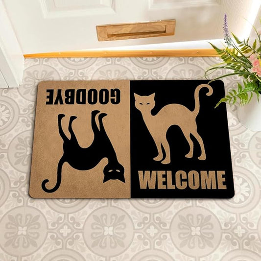 Funny Welcome Doormat (23.7 in X 15.6 in) Anti-Slip Rubber Back Entrance Way Indoor Front Porch Decor Rugs House Warming Gift (Welcome Goodbye Black Cat Dual-Sided Welcome Mat)