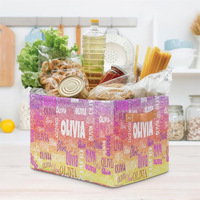Custom Storage Baskets for Kids with Name, Large Foldable Organizer Collapsible Storage Bin with Leather Handle for Home Toys Closet Nursery, Bling Glitters Colorful Red Yellow